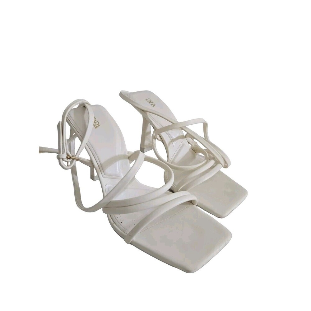 Zara White Square Toes Strappy Kitten Heeled  Sandals Women’s Size 38 US 7.5